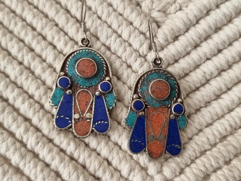 Boho Hamsa Hand Dangle Earrings: Turquoise, Lapis, Coral, 925 Silver