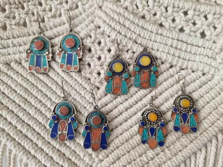 Boho Hamsa Hand Dangle Earrings: Turquoise, Lapis, Coral, 925 Silver