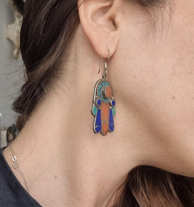 Boho Hamsa Hand Dangle Earrings: Turquoise, Lapis, Coral, 925 Silver