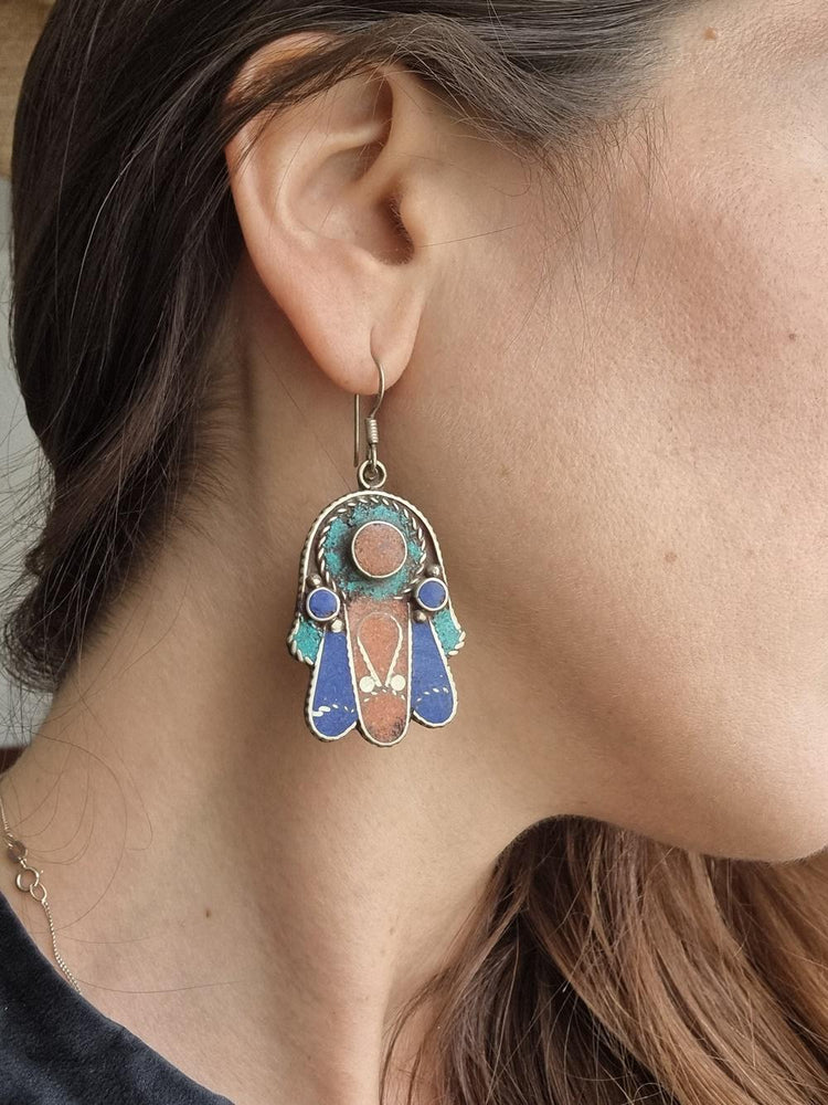 Boho Hamsa Hand Dangle Earrings: Turquoise, Lapis, Coral, 925 Silver