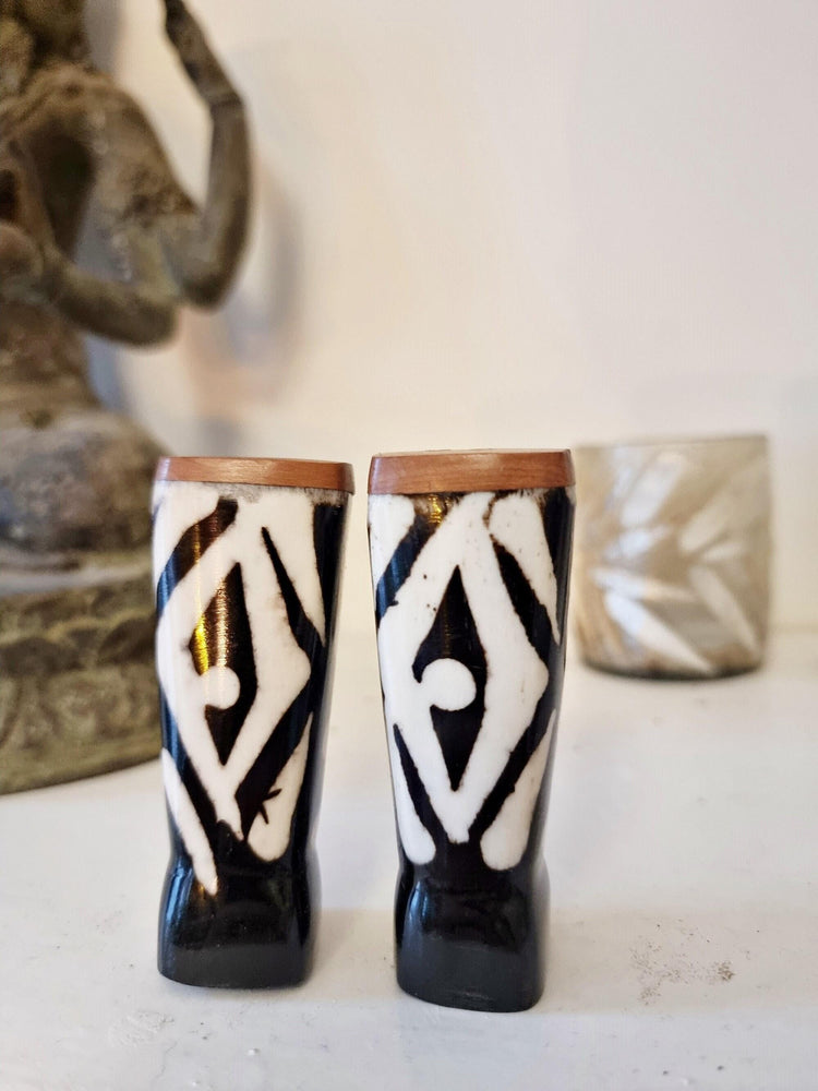 African Batik Bone Salt & Pepper Shakers: Boho Cottagecore Decor