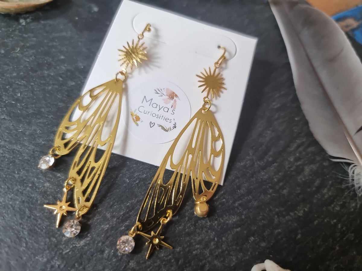 Fairy Angel Wing Earrings: Gold Boho Statement Jewelry