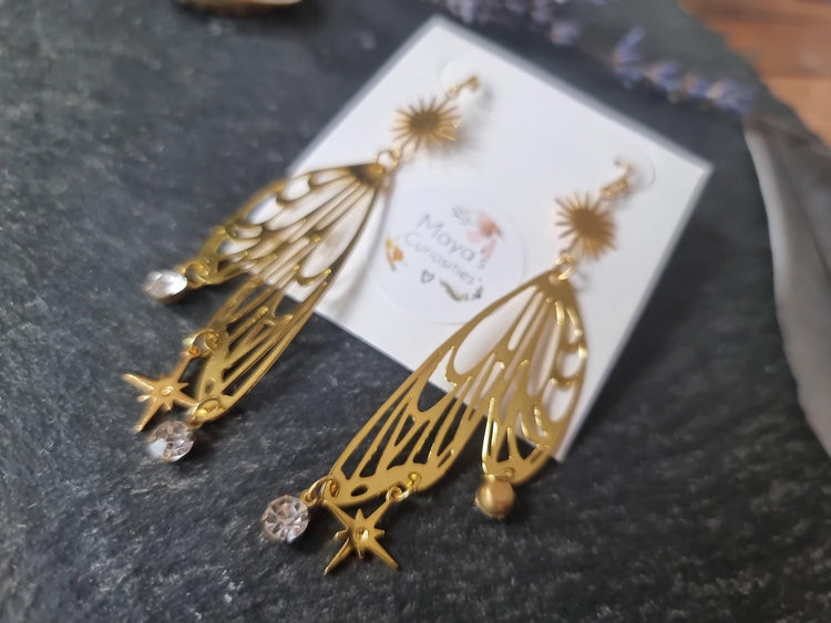 Fairy Angel Wing Earrings: Gold Boho Statement Jewelry