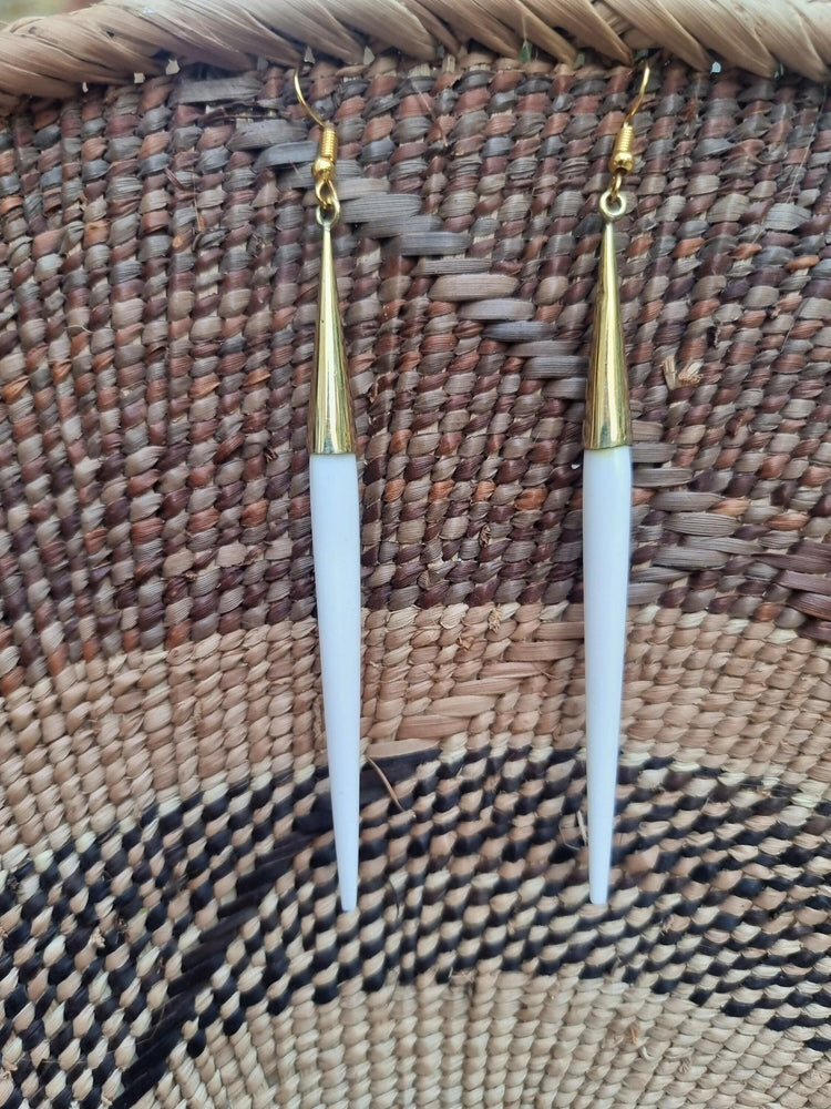 Ivory Bone Drop Earrings: African Brass Spikes, Boho Tribal Jewelry