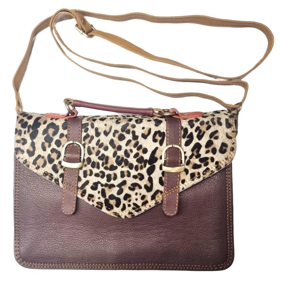 Leopard Cowhide Leather Crossbody Bag: Vintage Satchel, iPad Laptop Messenger