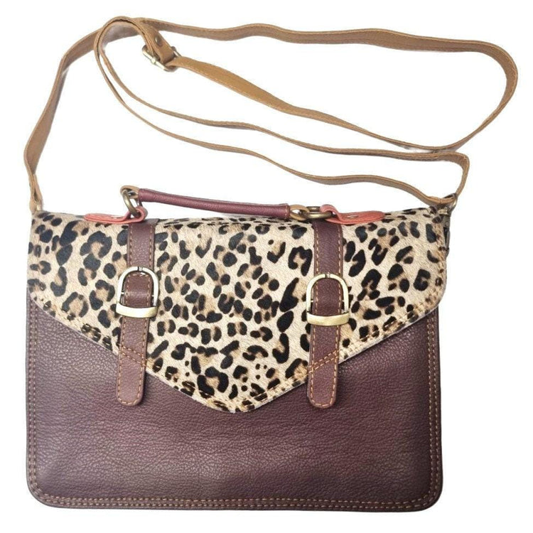 Leopard Cowhide Leather Crossbody Bag: Vintage Satchel, iPad Laptop Messenger
