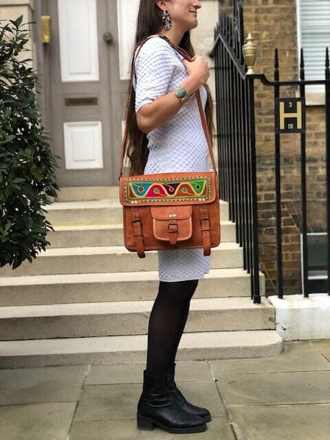 Embroidered Leather Messenger Bag: Bohemian Laptop Bag with Shoulder Strap