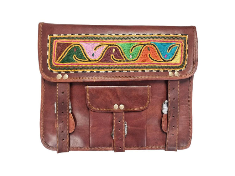 Embroidered Leather Messenger Bag: Bohemian Laptop Bag with Shoulder Strap
