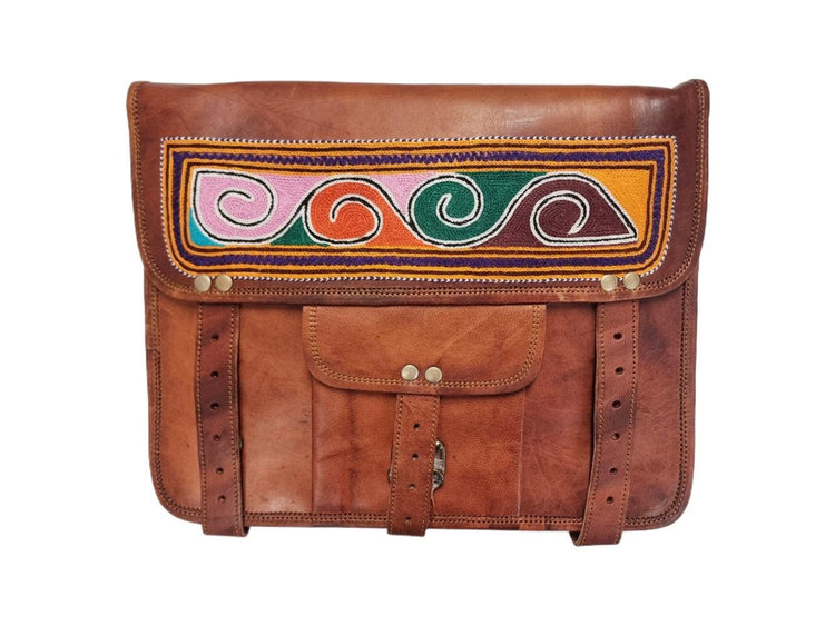 Embroidered Leather Messenger Bag: Bohemian Laptop Bag with Shoulder Strap