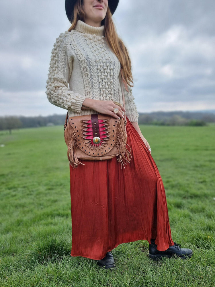 Unique women leather crossbody bag with fringe and hearts - tooled leather purse medium size