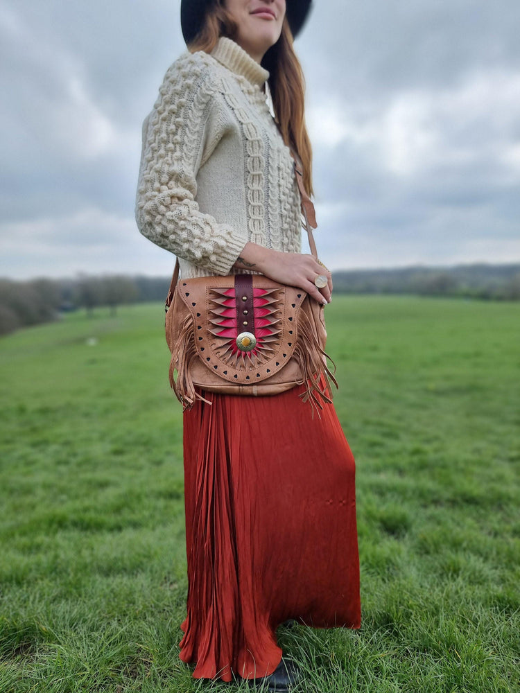 Unique women leather crossbody bag with fringe and hearts - tooled leather purse medium size