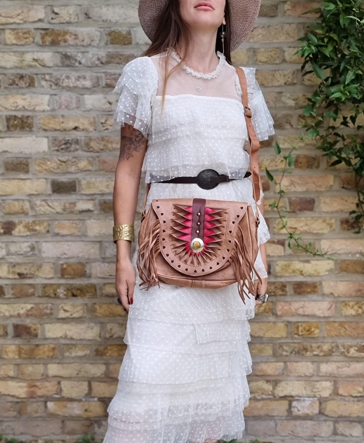 Unique women leather crossbody bag with fringe and hearts - tooled leather purse medium size