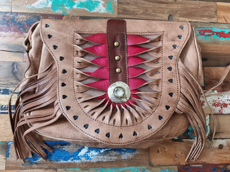 Unique women leather crossbody bag with fringe and hearts - tooled leather purse medium size