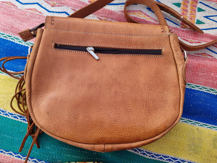 Unique women leather crossbody bag with fringe and hearts - tooled leather purse medium size
