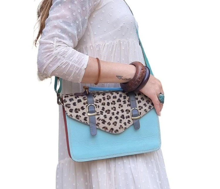 Leopard Cowhide Crossbody Bag: Turquoise Leather Messenger, Boho Style