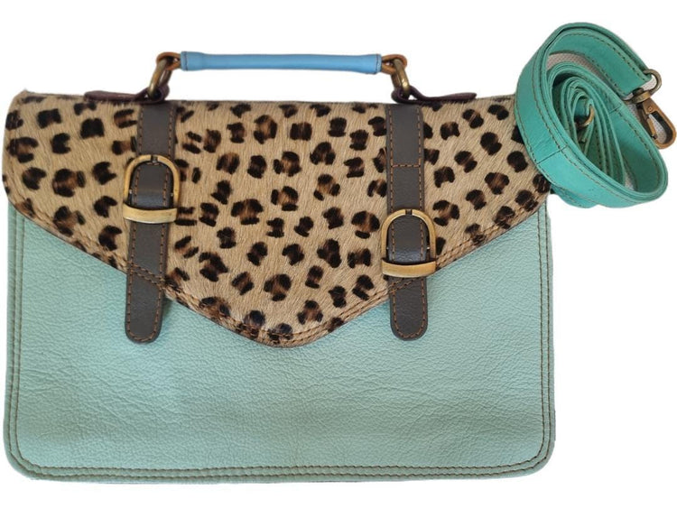 Leopard Cowhide Crossbody Bag: Turquoise Leather Messenger, Boho Style