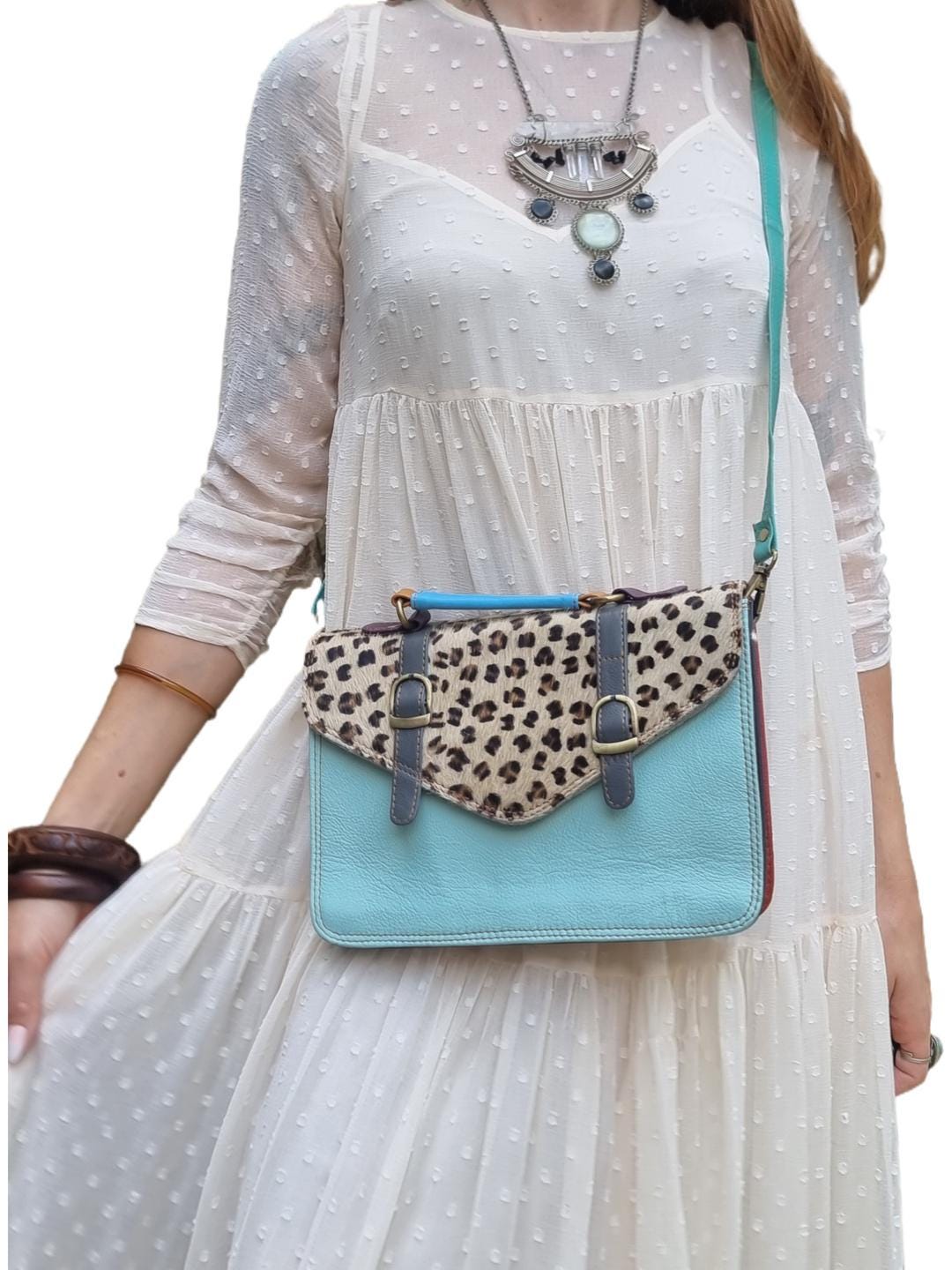 Leopard Cowhide Crossbody Bag: Turquoise Leather Messenger, Boho Style