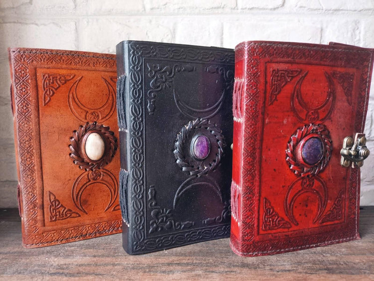 Handcrafted Leather Journal with Lock: Triple Moon Stone Notebook
