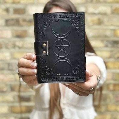 Handcrafted Leather Journal with Lock: Triple Moon Stone Notebook
