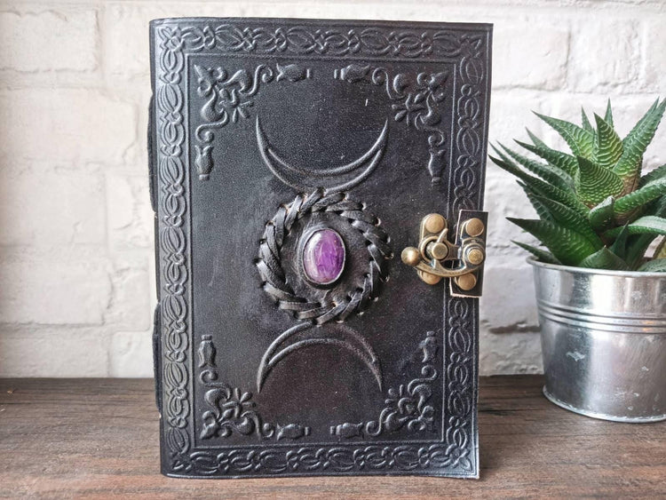 Handcrafted Leather Journal with Lock: Triple Moon Stone Notebook