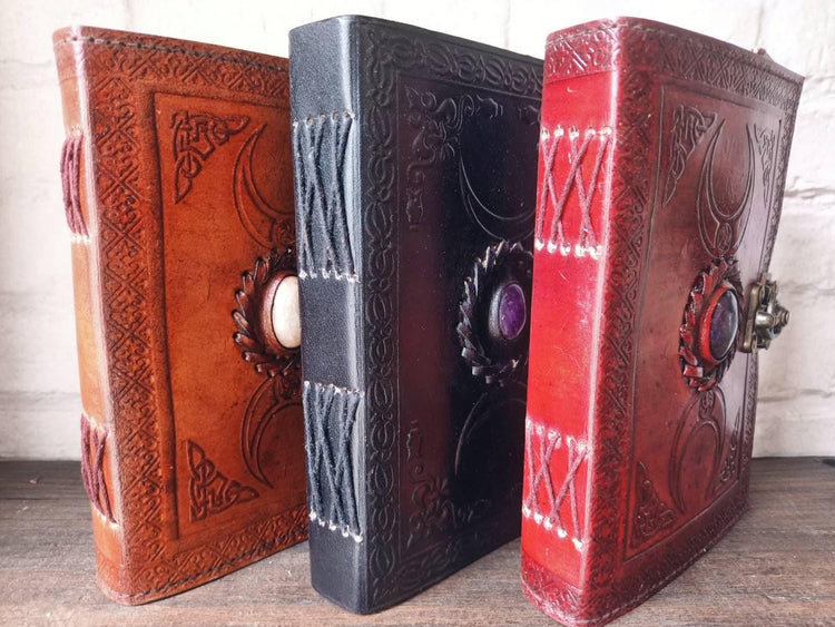 Handcrafted Leather Journal with Lock: Triple Moon Stone Notebook