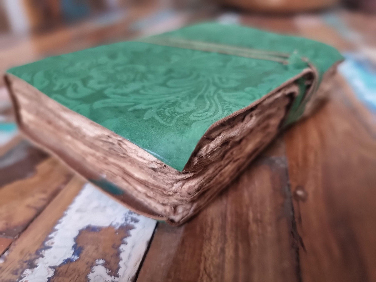 Floral Engraved Leather Journal: Art Nouveau Flower Diary, Deckle Edge Paper