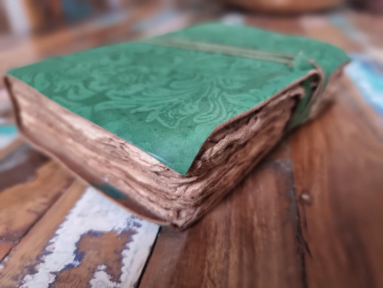 Floral Engraved Leather Journal: Art Nouveau Flower Diary, Deckle Edge Paper