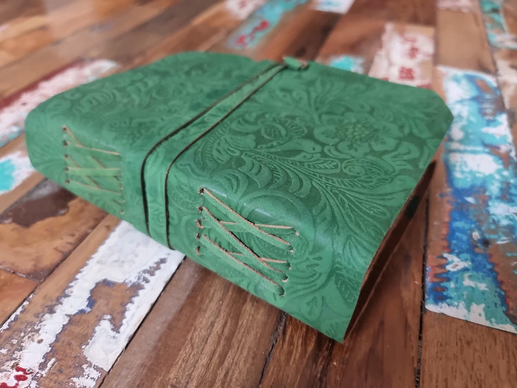 Floral Engraved Leather Journal: Art Nouveau Flower Diary, Deckle Edge Paper