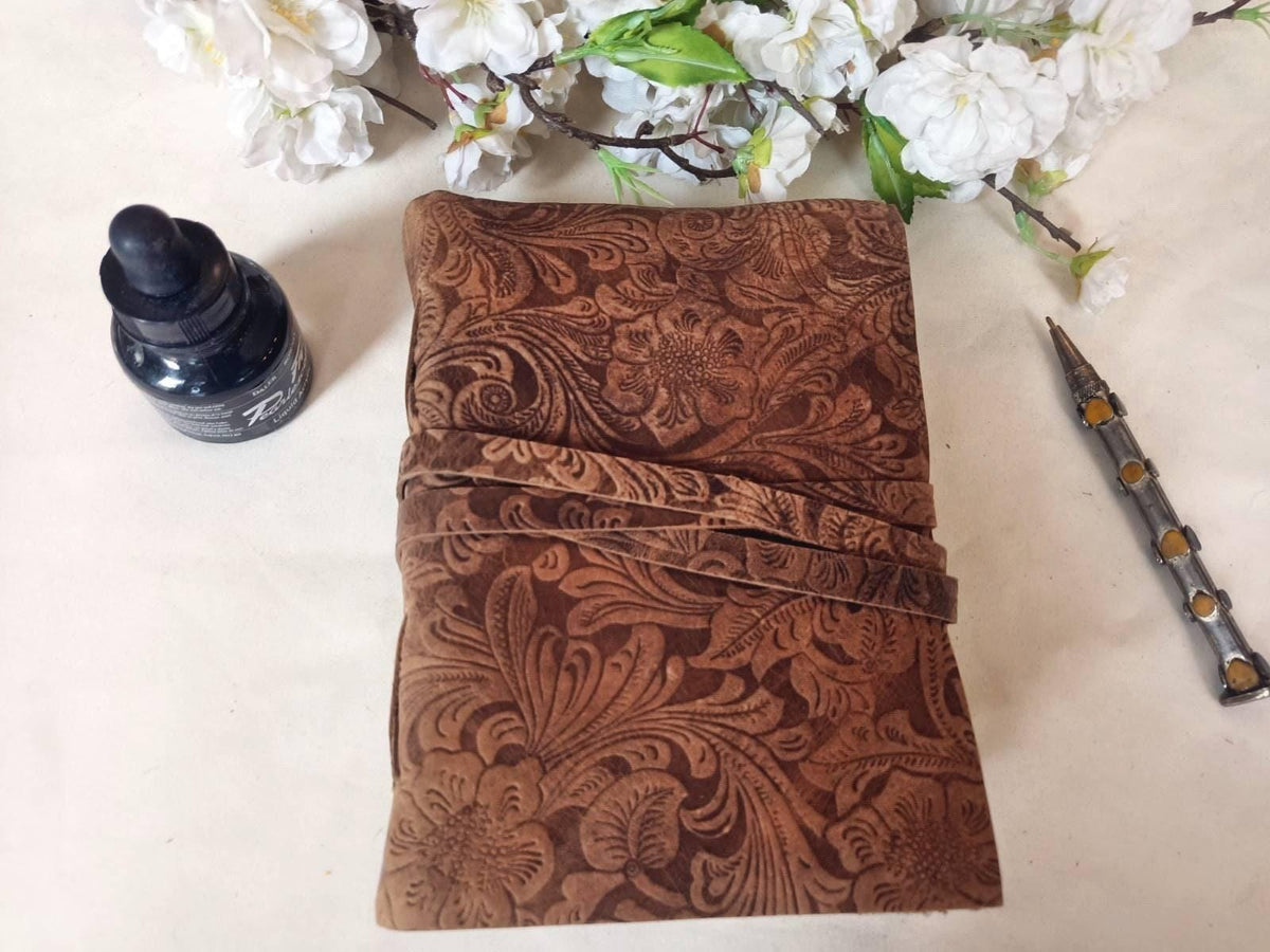 Floral Engraved Leather Journal: Art Nouveau Flower Diary, Deckle Edge Paper
