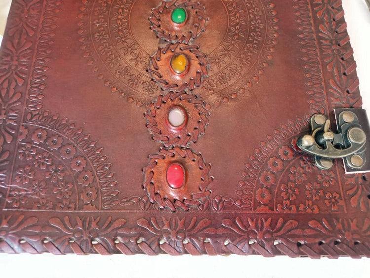 Large Leather Journal: 7 Chakra Stones, Handmade Embossed Notebook