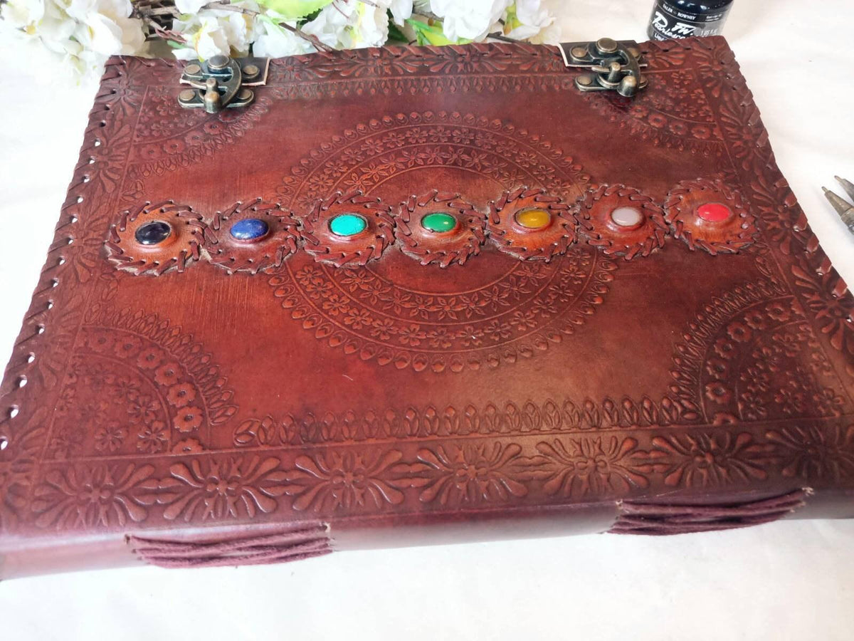 Large Leather Journal: 7 Chakra Stones, Handmade Embossed Notebook