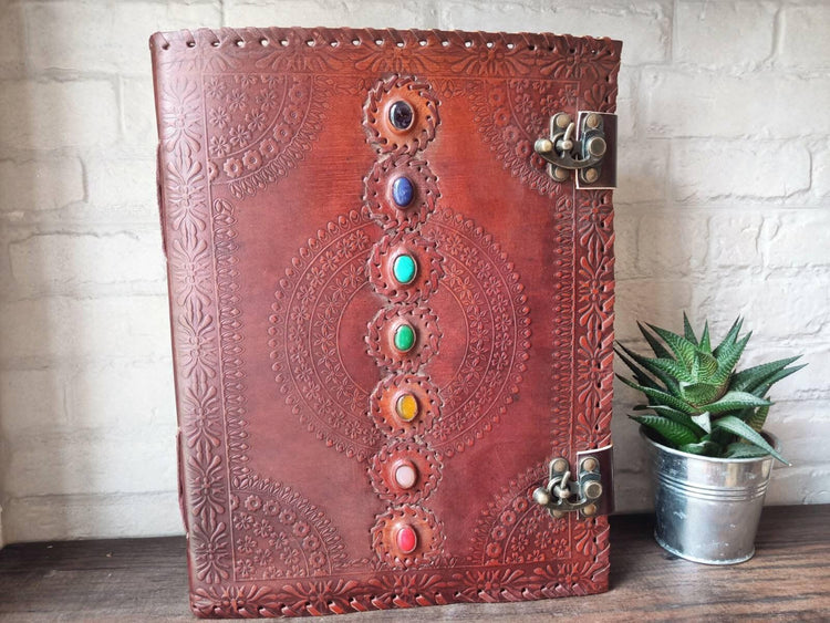 Large Leather Journal: 7 Chakra Stones, Handmade Embossed Notebook