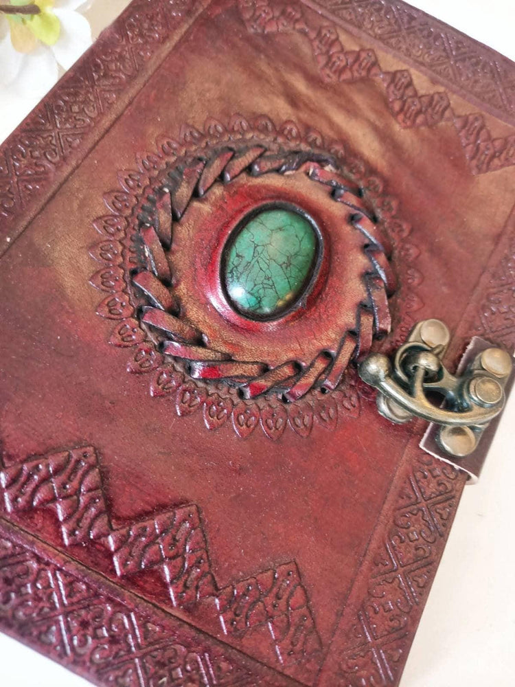 Tooled Leather Journal with Turquoise Stone: Boho Travel Diary