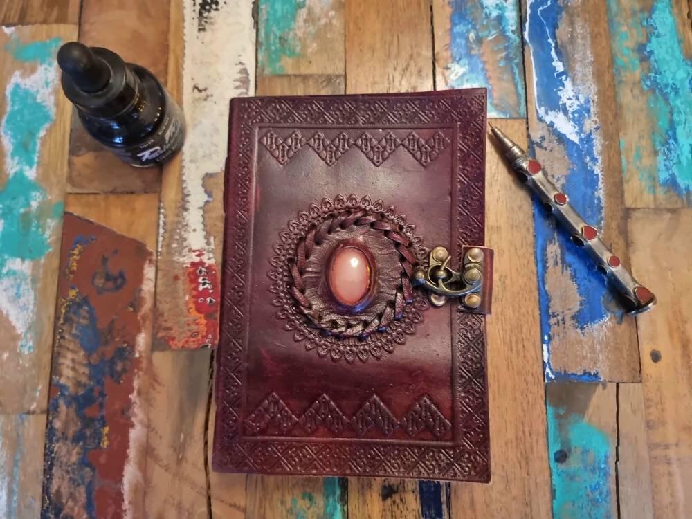 Tooled Leather Journal with Turquoise Stone: Boho Travel Diary