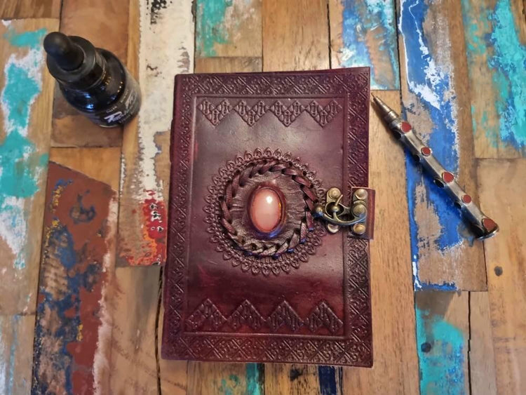 Tooled Leather Journal with Turquoise Stone: Boho Travel Diary
