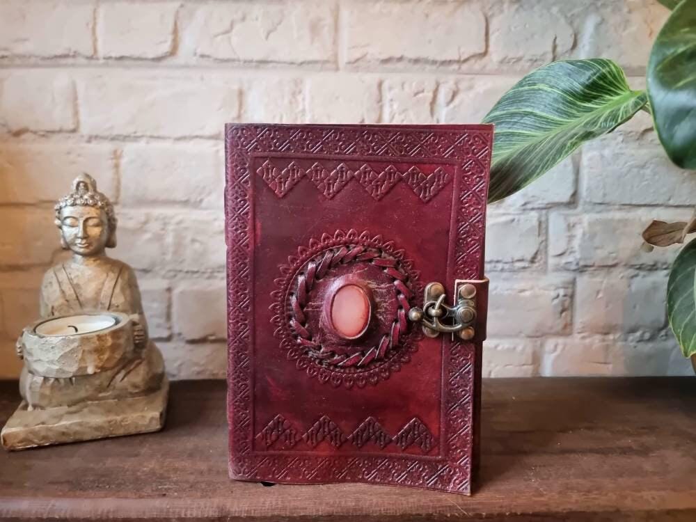 Tooled Leather Journal with Turquoise Stone: Boho Travel Diary