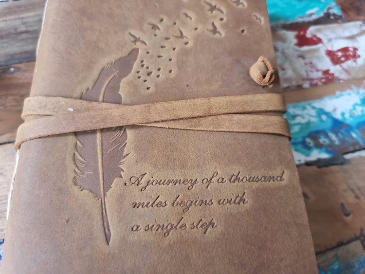 Embossed Leather Travel Journal: Feather Bird Design, Handmade Diary