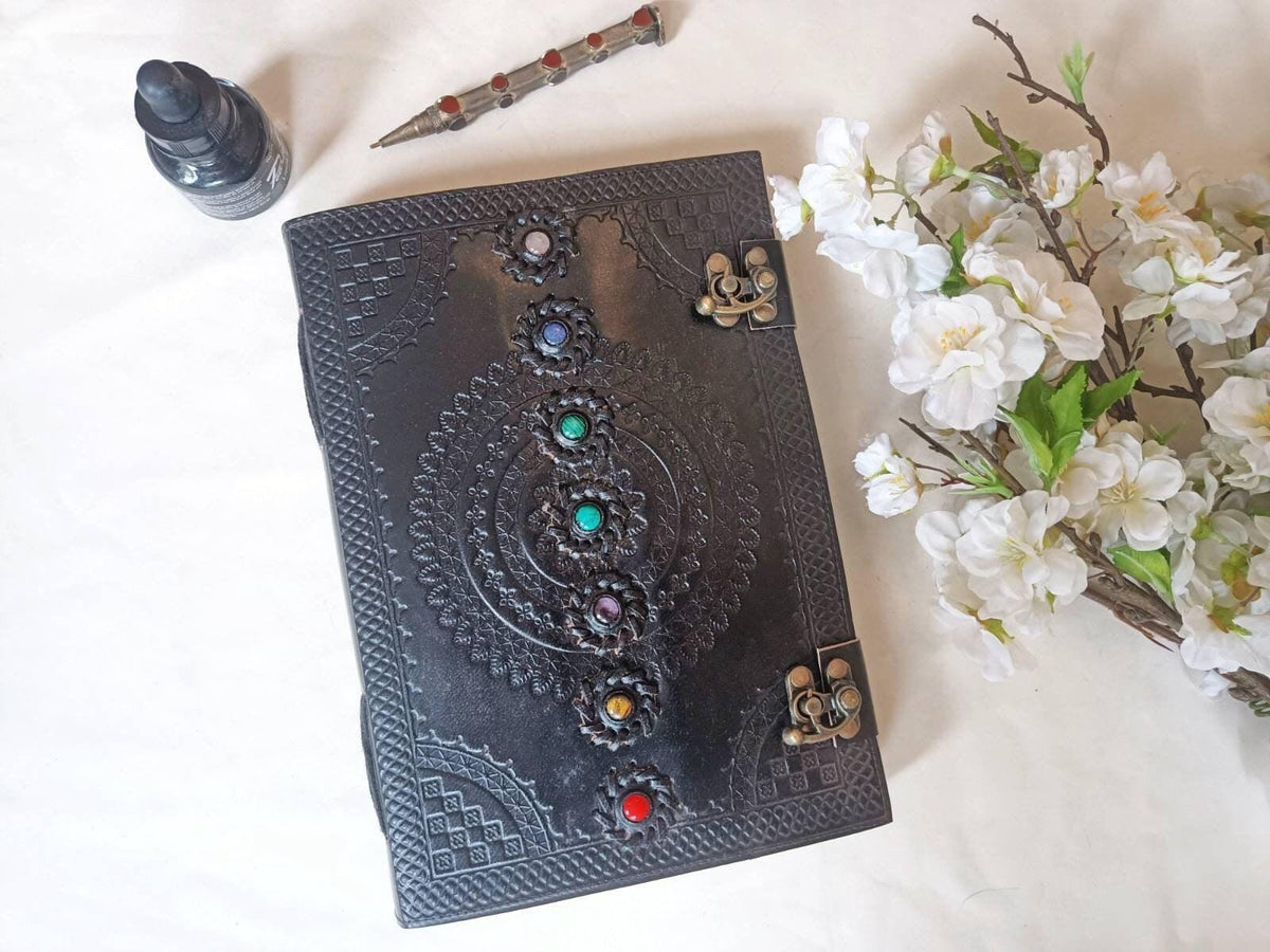 Chakra Stone Leather Journal: Handmade Buffalo Leather Diary, Spell Book