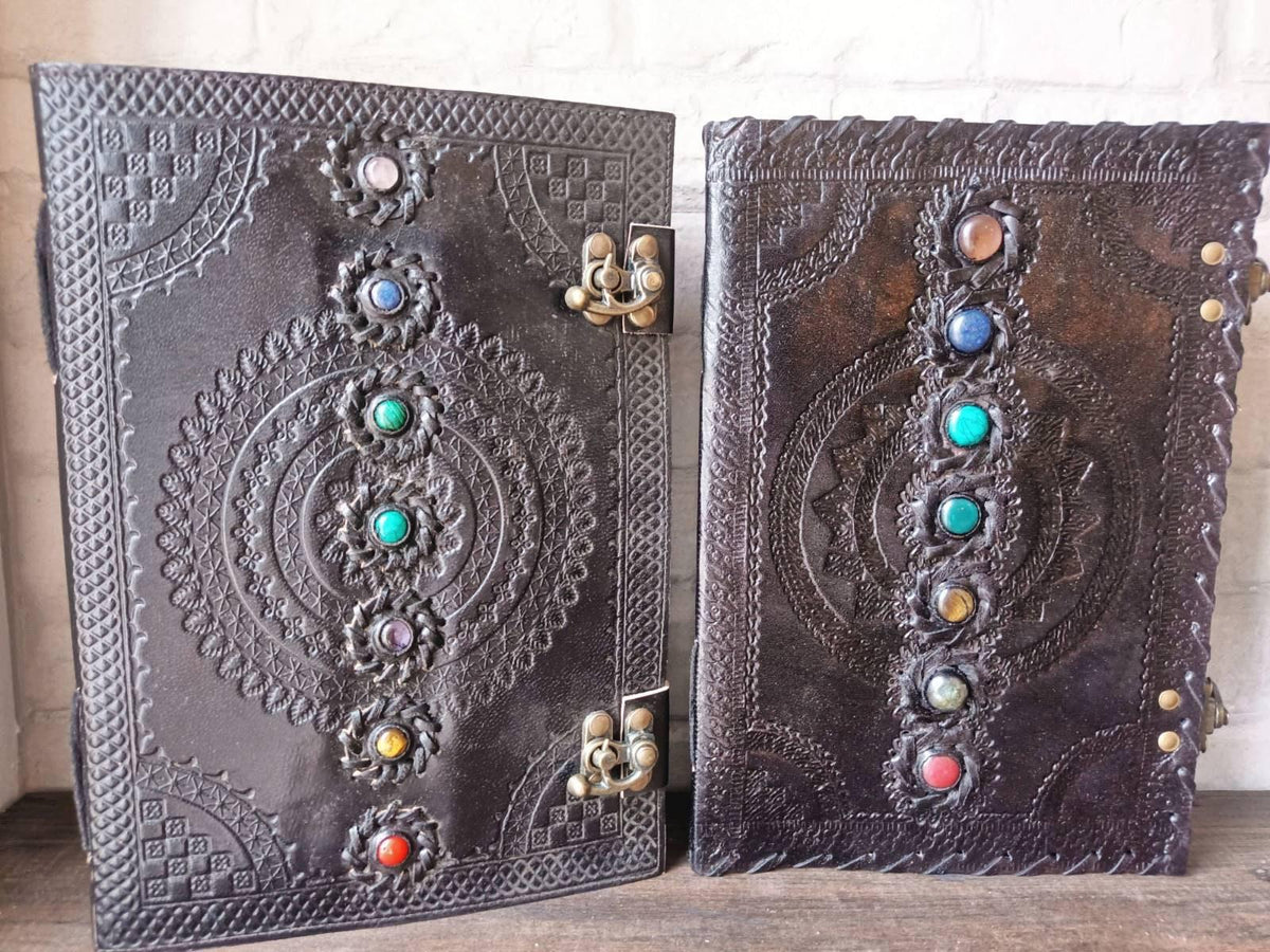 Chakra Stone Leather Journal: Handmade Buffalo Leather Diary, Spell Book
