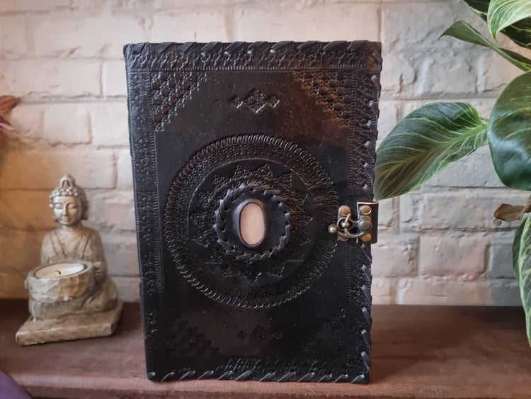 Black Leather Journal with Turquoise or Quartz Stone, Large Tooled Leather Diary, Boho Buckle Notebook for Writers