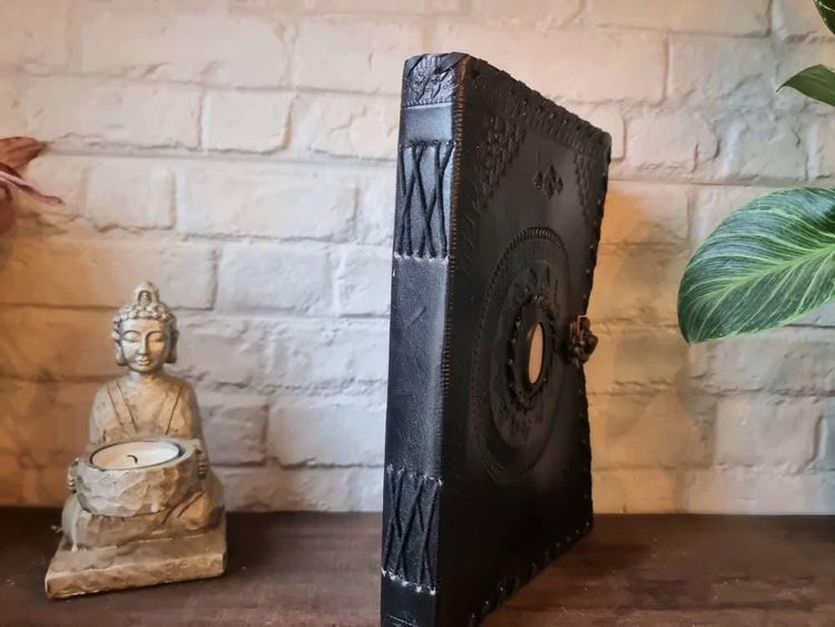 Black Leather Journal with Turquoise or Quartz Stone, Large Tooled Leather Diary, Boho Buckle Notebook for Writers