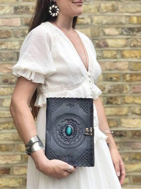 Black Leather Journal with Turquoise or Quartz Stone, Large Tooled Leather Diary, Boho Buckle Notebook for Writers