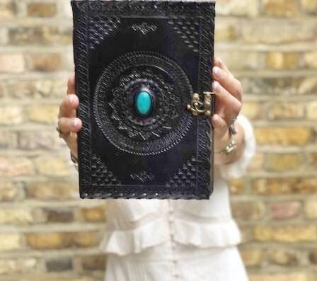 Black Leather Journal with Turquoise or Quartz Stone, Large Tooled Leather Diary, Boho Buckle Notebook for Writers