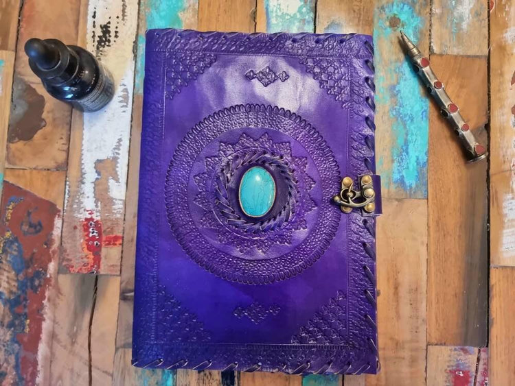 Tooled leather notebook with turquoise stone - handcrafted journal for women