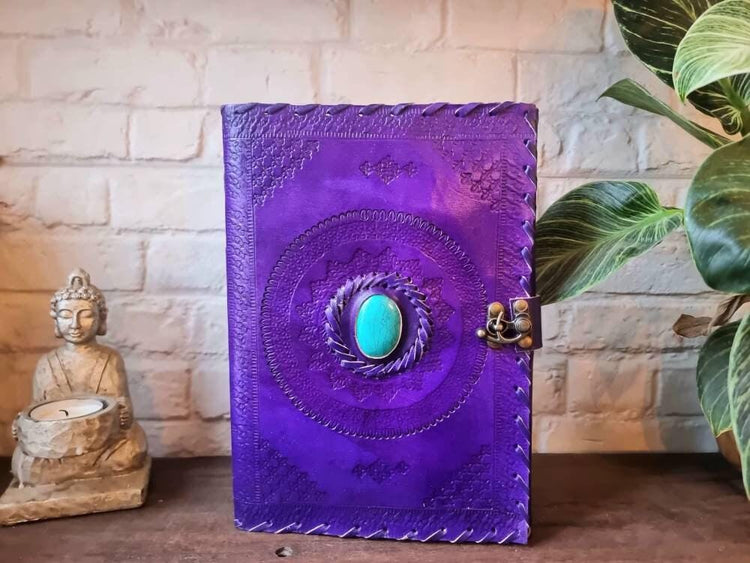 Tooled leather notebook with turquoise stone - handcrafted journal for women