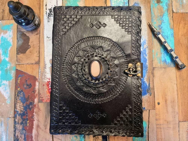 Tooled leather notebook with turquoise stone - handcrafted journal for women