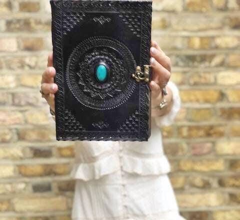 Tooled leather notebook with turquoise stone - handcrafted journal for women