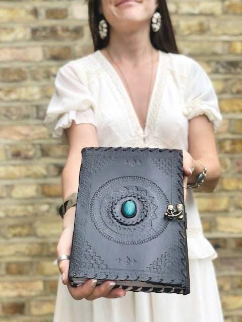 Black Leather Journal with Turquoise Stone, Handmade Boho Diary, Lockable Leather Sketchbook, Vintage Spell Book