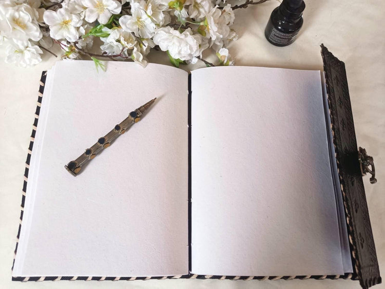 Black Leather Journal with Turquoise Stone, Handmade Boho Diary, Lockable Leather Sketchbook, Vintage Spell Book
