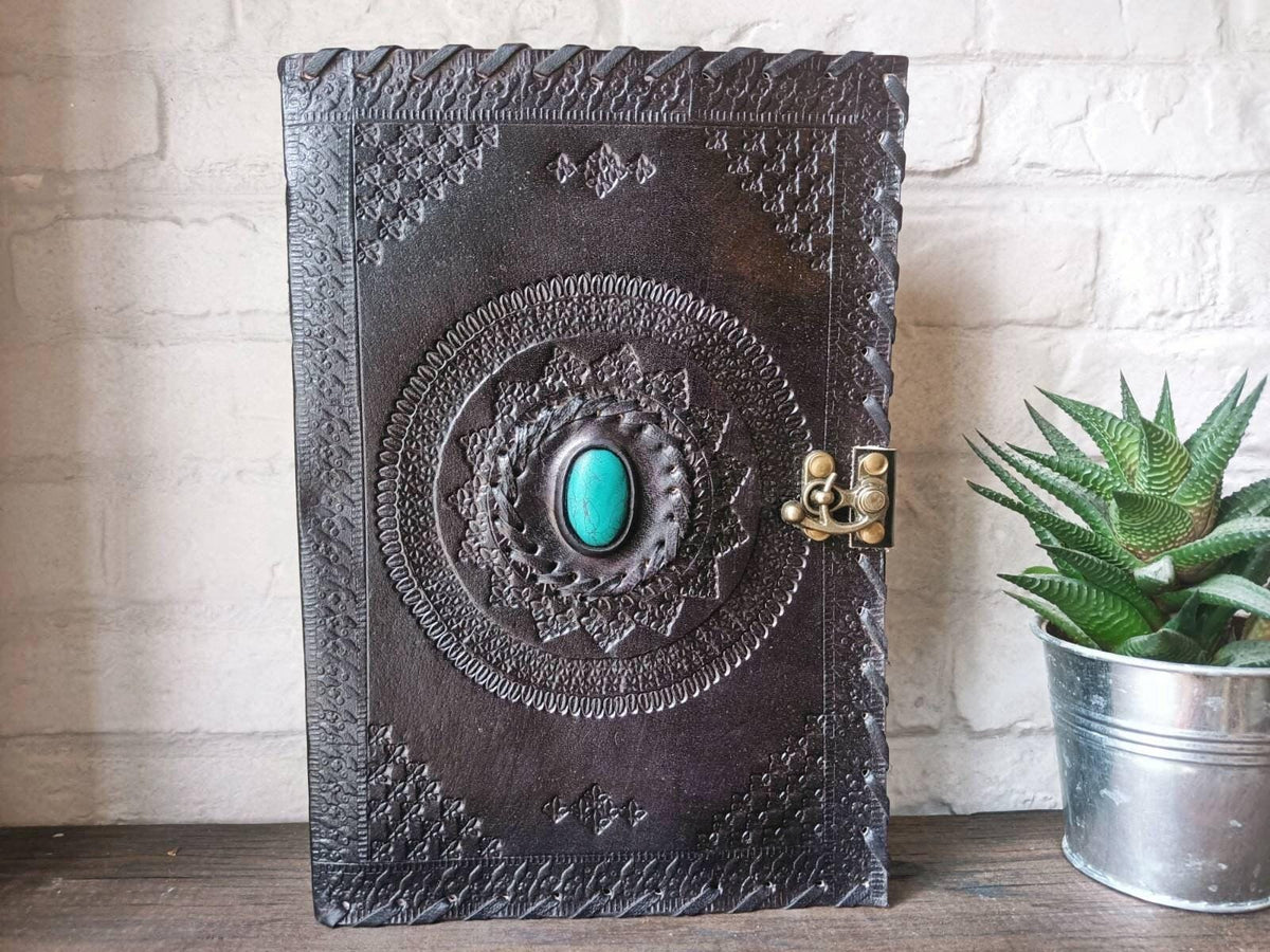 Black Leather Journal with Turquoise Stone, Handmade Boho Diary, Lockable Leather Sketchbook, Vintage Spell Book